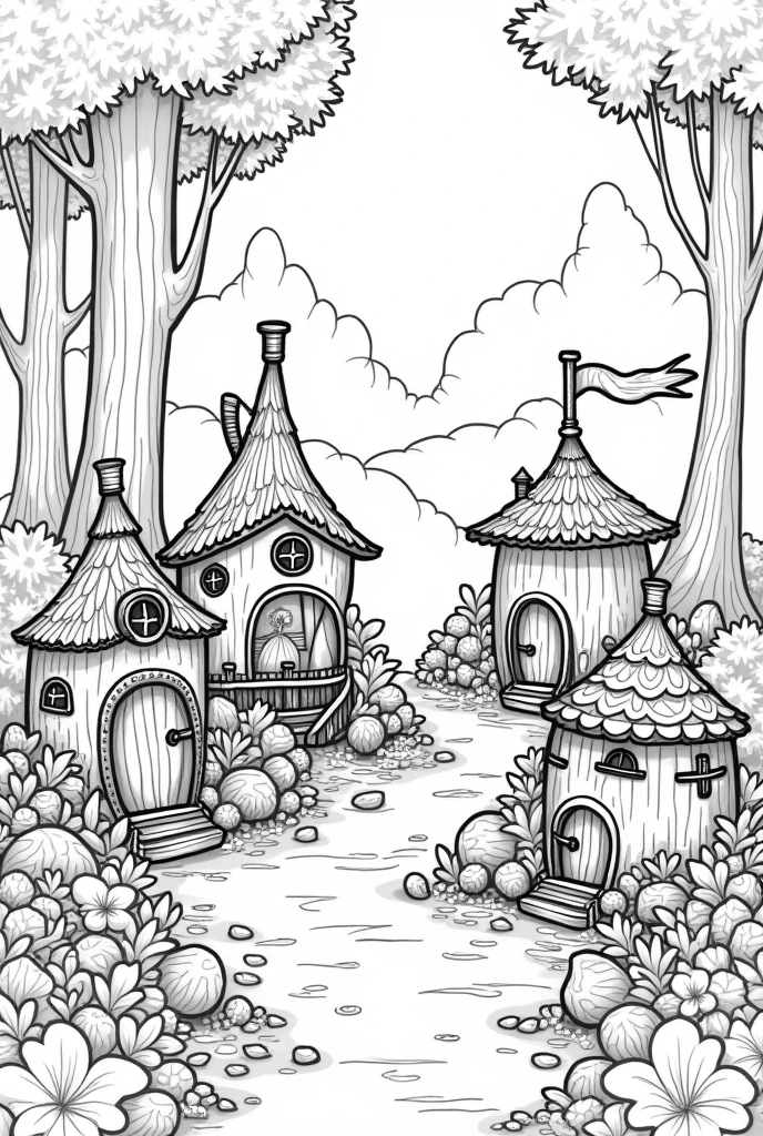Fairy house land coloring book pages nature background no color black and white high details
