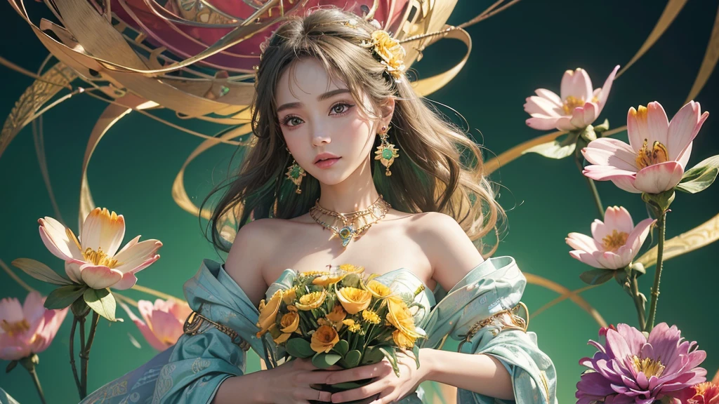 32K, 最高quality, 最高masterpiece, (ultra-Detailed Background, Detailed Background), High resolution, Super detailed, Very detailedな, One girl, (bouquet:1.3), (Tangled:1.2), (Geometric:1.2),(colorful),(masterpiece, quality, best quality, Official Art, Beautiful and beautiful:1.2), (1 girl:1.3), Very detailed,(colorful:1.1)(Flowers:1.3),Most detailed,(Tangled:1.2), whole body, (Abstract background:1.3), (Skin glows), (Many colors:1.4), ,(Earrings Jewelry:1.5), Light green background,