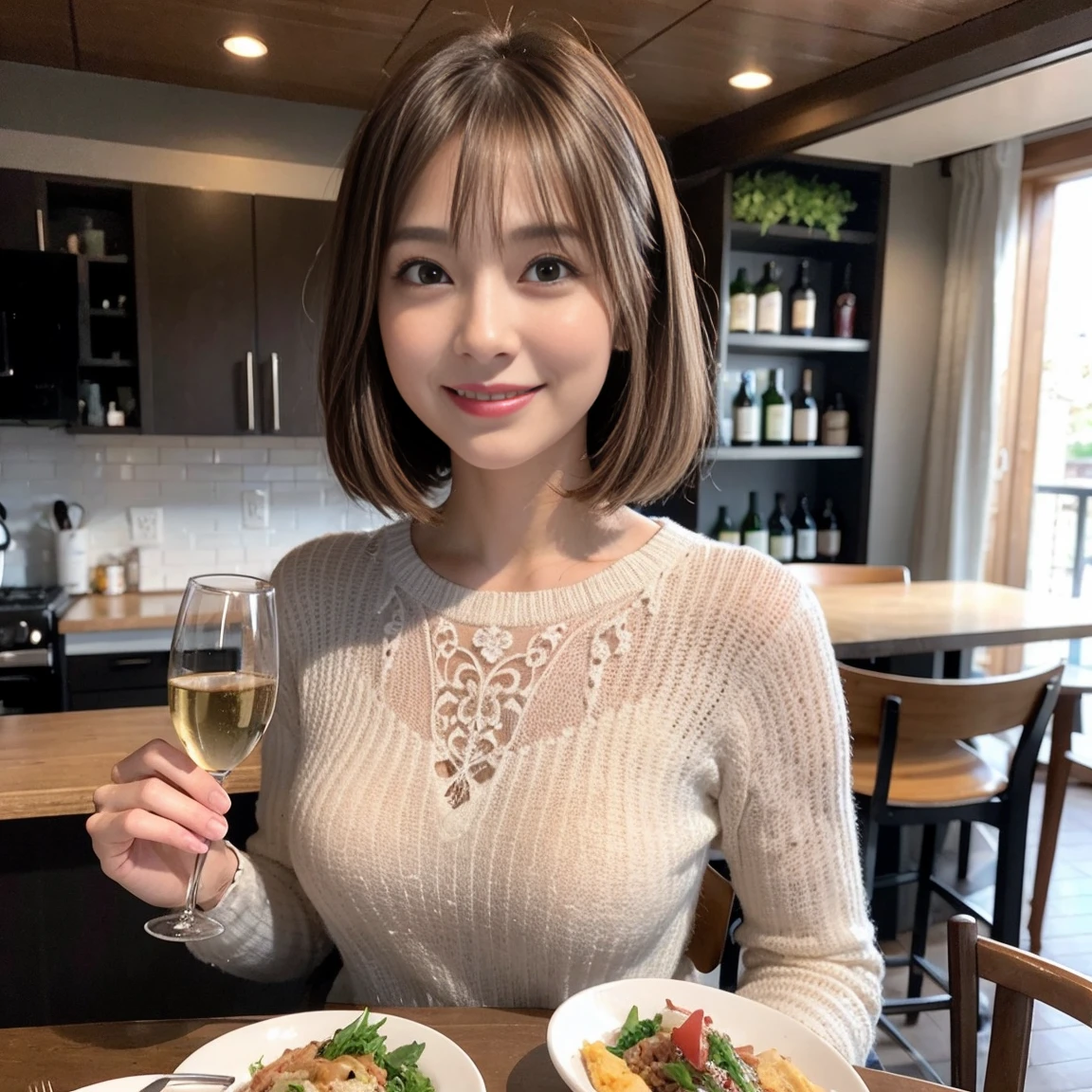 （Realistic:1.1）,(masterpiece,Highest quality)，8k,(49 years old), 53 years old, ベリーslimボディ、slimカップル、Tight waist,Upper Body,full-course dinner、wine 、Amazing view of the sunset sky and clouds、Perfect Anatomy, Brown Hair, short hair,Random Hairstyles,((Highly detailed face and eyes:1.2))，Perfect golden ratio face，Long sleeve shirt、dress,(smile:1.2)、Shortcuts、cute、(Realistic, Intricate details:1.2), A bright smile、short hair,Bright Face、赤wine 、Appetizers、Italian food、wine bottle、Champagne、スパークリングwine、(slimな顔), (The body is slim), (Brown Hair), (Shortcuts),  Upper Body, 白wine, slim, wineグラス, 