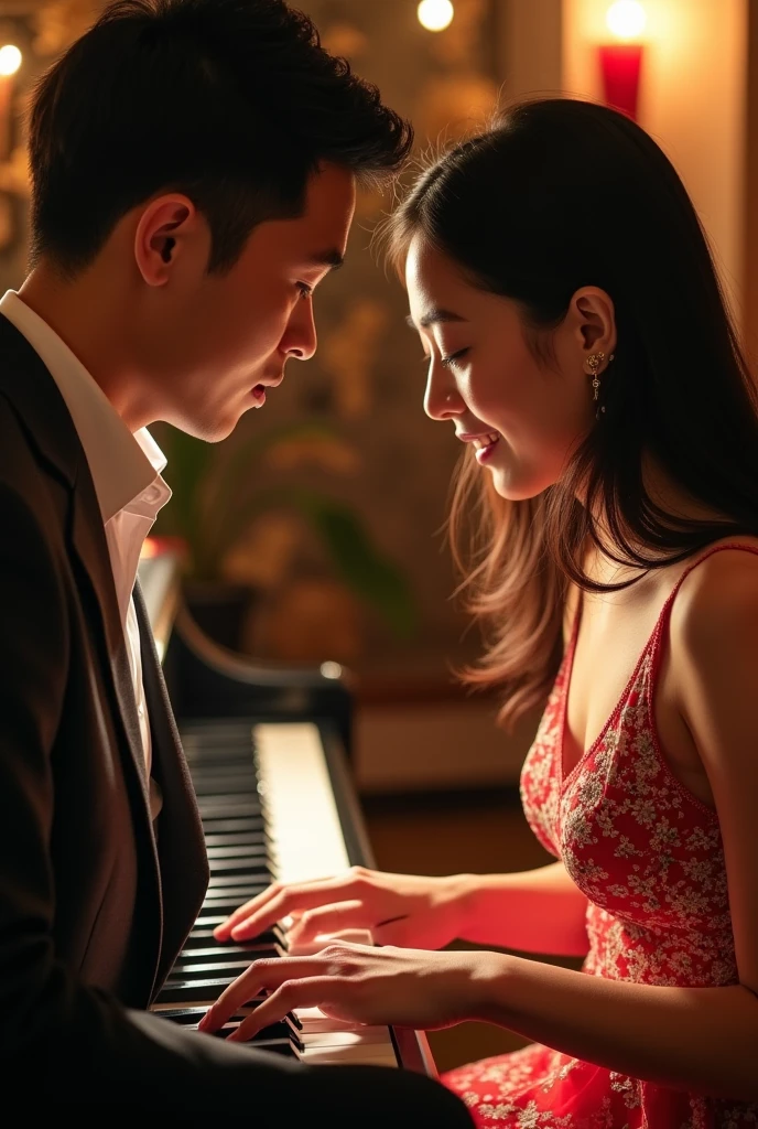 a chinese couple playing piano with above face