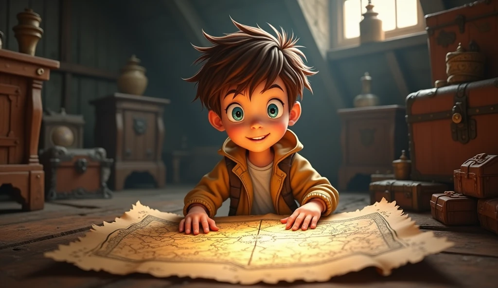 Narration:
In a small, quiet town, a curious boy named Max, about 12 years old with tousled brown hair and bright blue eyes, discovers an ancient map hidden in his attic.