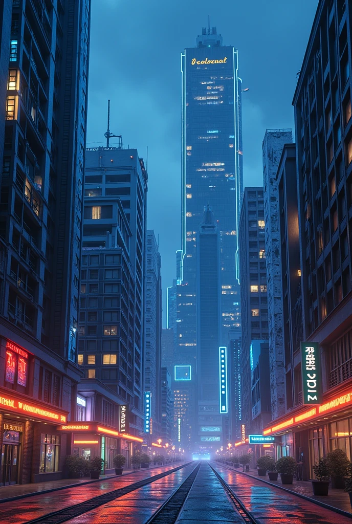 art deco design，urban buildings，streamline moderne，futuristic architecture, Abstraction，modern style，Luxury and Luxury，Future night view，Futuristic decorative elements，Metallic，number line，sci-fi lamp，Virtual Engine，Unreal rendering，blue lights, neon lights, apartments, restaurants, mid rise, mixed use, multiple buildings