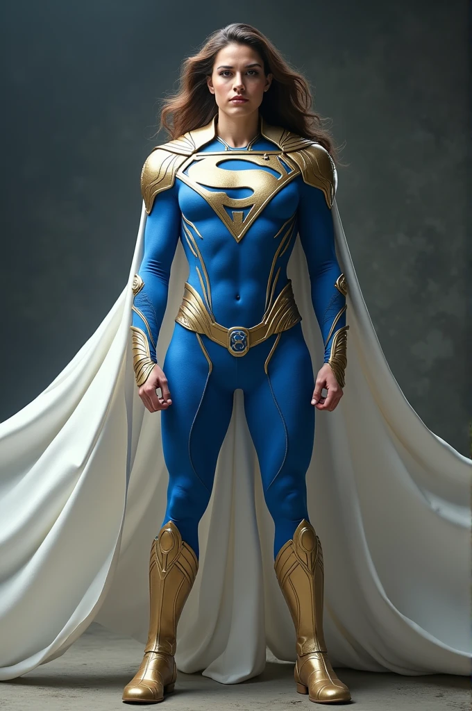 Bright blue hero suit, with gold details and a white cape.