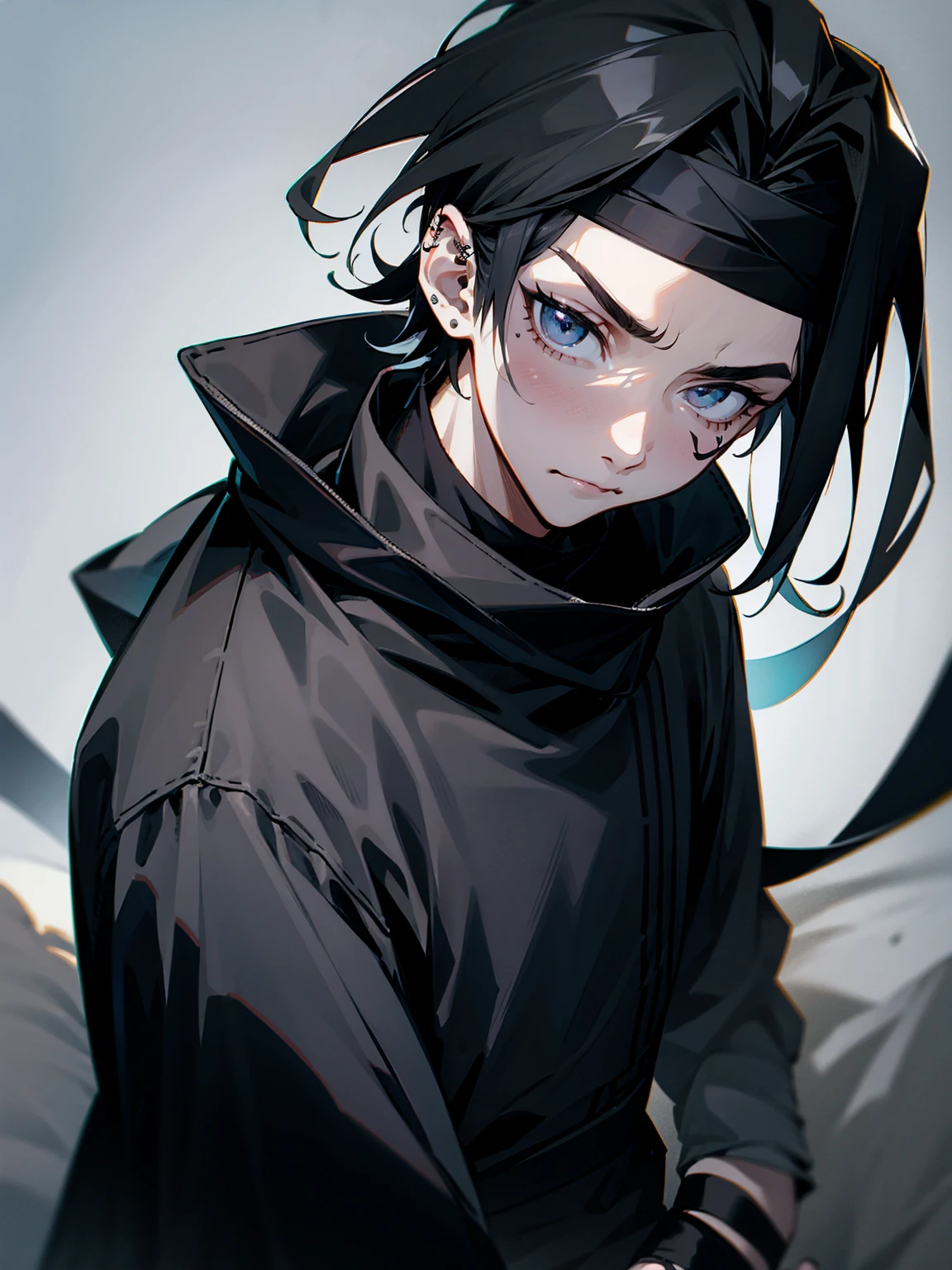 1male, adult, gojo hair, black hair, grey headband, eye piercing, lazy expression, black techwear outfit