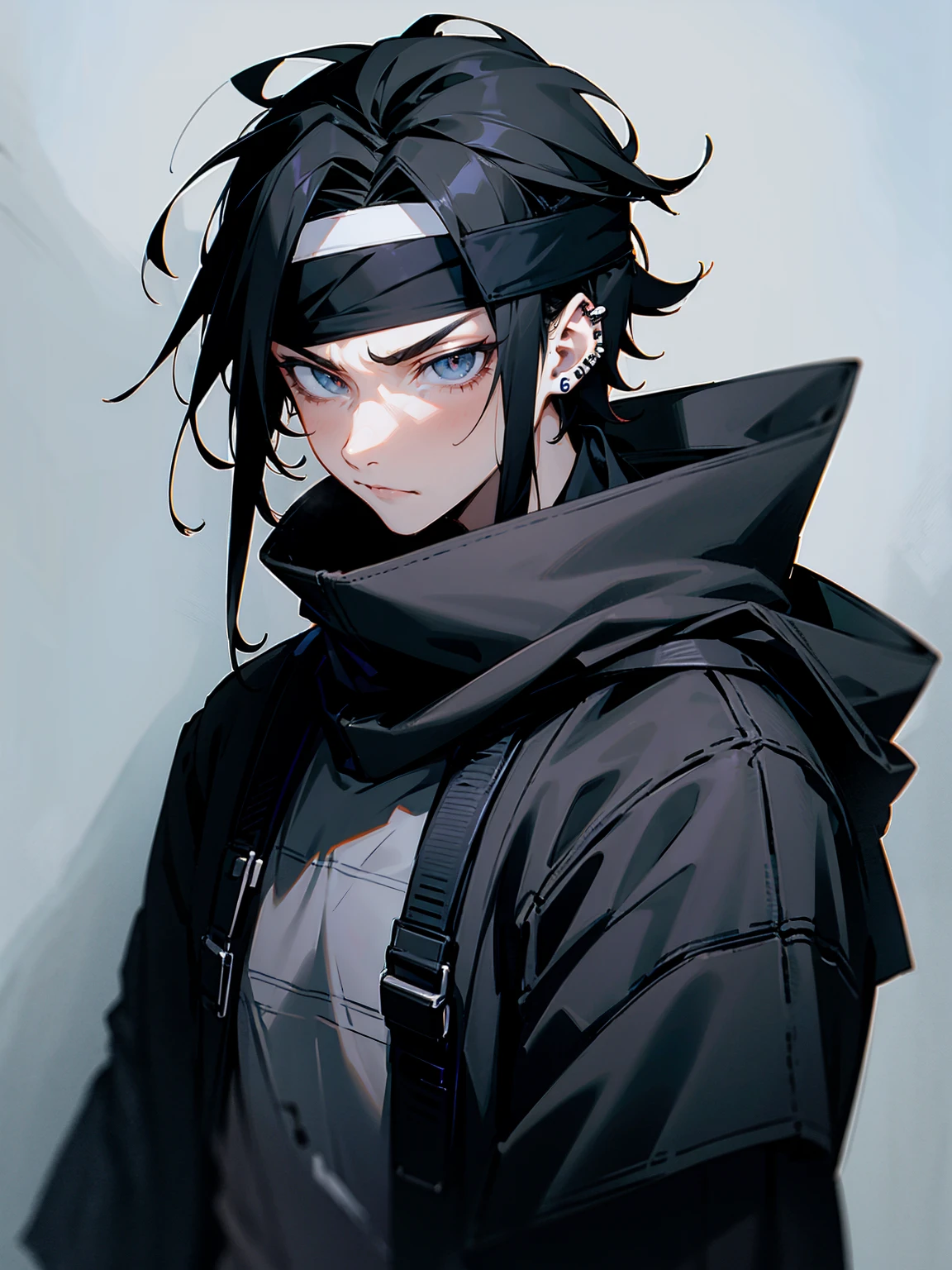 1male, adult, gojo hair, black hair, grey headband, eye piercing, lazy expression, black techwear outfit