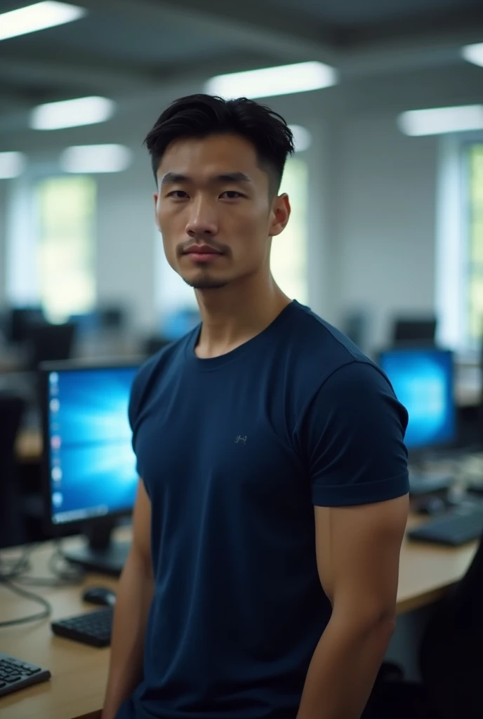Young Asian man standing, amazing, muscular, looking at the camera. In a simple navy t-shirt., In the computer lab