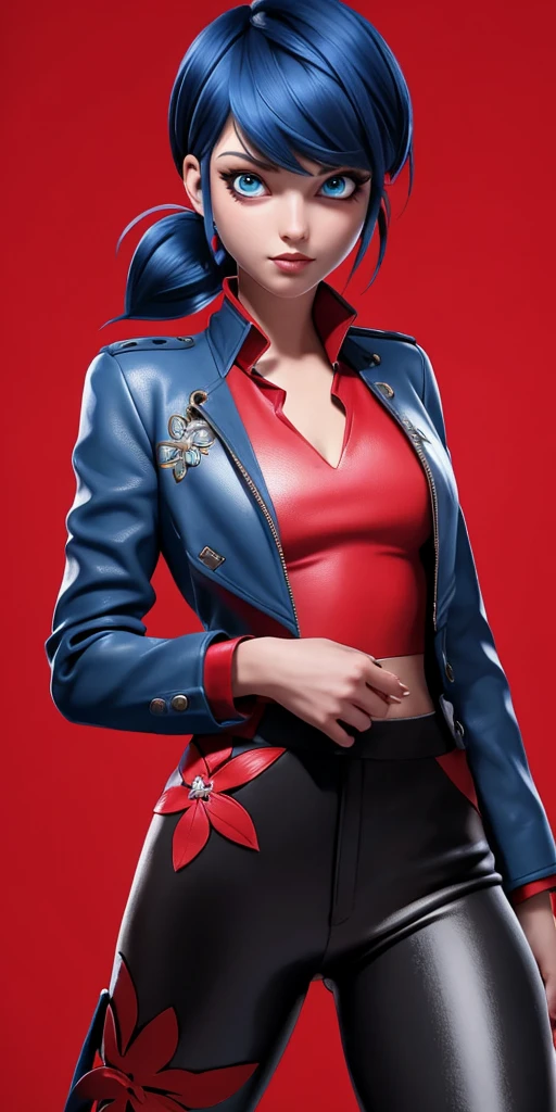 Dark blue, bob-cut hair with red-tipped ponytail, blue eyes, light makeup with winged eyeliner, neutral expression,red leather pants with floral design, black leather blazer, chest-up view