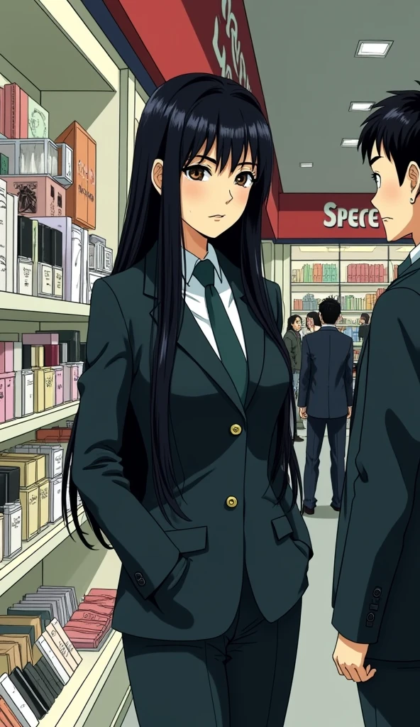 ((A woman with long hair)),Standing on the side of the street,Black straight hair,Ladies suits,((Cold expression)),Japanese comic style,Choosing cosmetics in a shopping mall,Shopping。A short-haired man next to him was talking to him