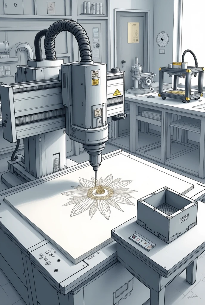Drowing cnc machine drowing a image and a 3d printer printing a enclosure box