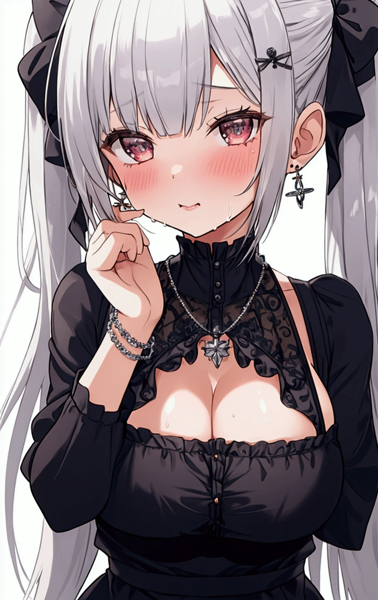 high quality, Lots of details, A girl with silver hair and twin tails poses cutely. They are dressed in vintage gothic clothing, Putting on a bracelet, Earrings and Necklaces. I can see big things. The photo is a close-up of the face, Cleavage, Shining Breasts, Sweat in cleavage, Sexy vibe., NSFW