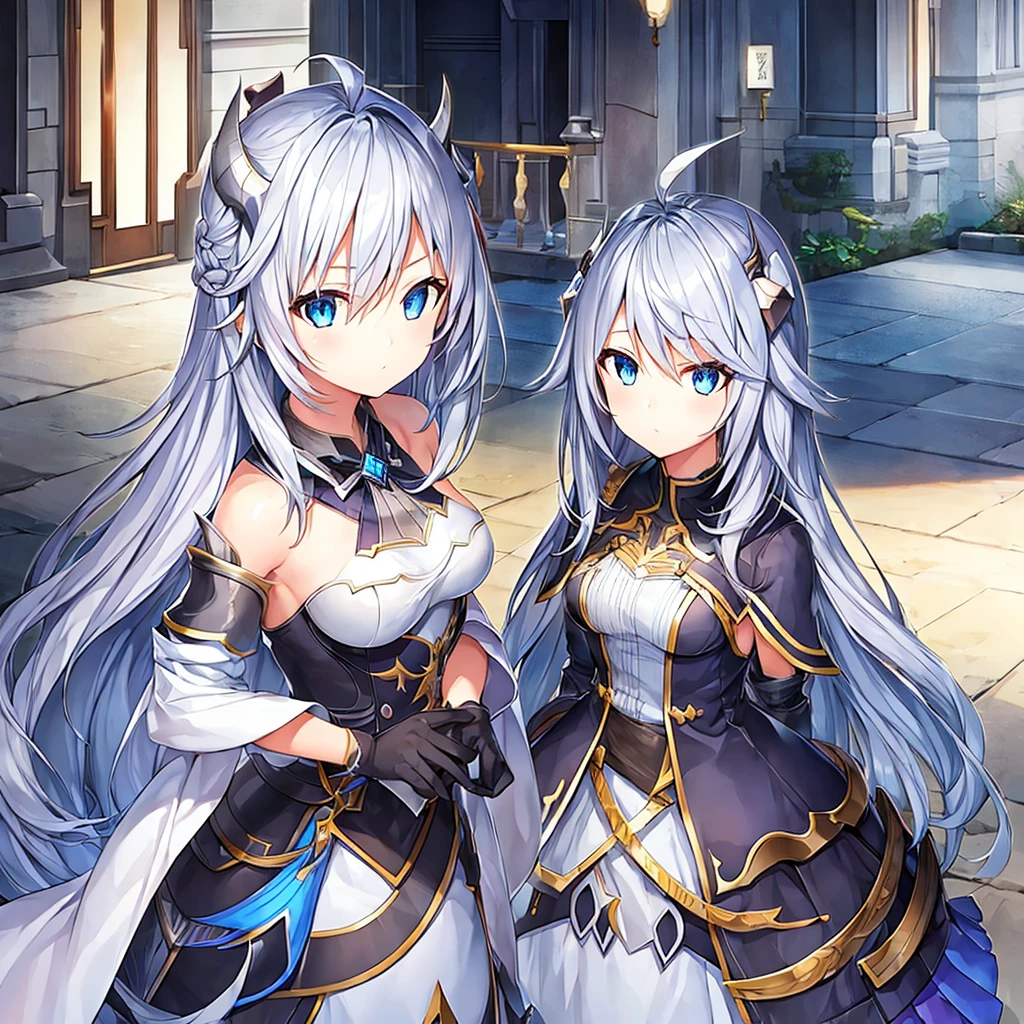One girl, Long Hair, Bangs between the eyes, Gray Hair, Character portrait, blue eyes, Anime Style, Ahoge, Character design drawings, Small breasts,Demon King Without Horns