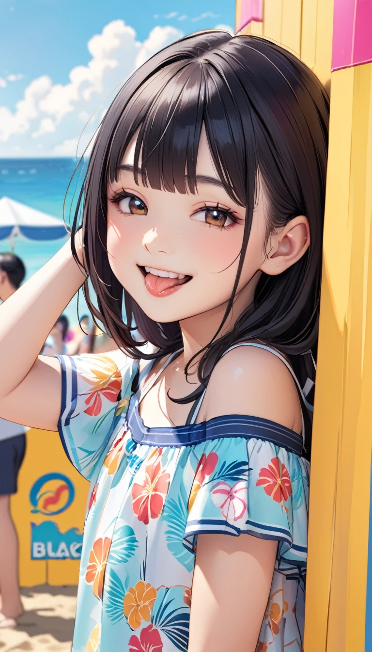 A 10-year-old girl with black hair,Beach Summer Festival,elevation,Flushing,Upper body close-up, Sticking out tongue, smile&#39;Eyes wearing silver-white mirrored lens sunglasses、I looked at the world reflected in the lenses of my sunglasses....(Side Pony,Colorful Hair), 