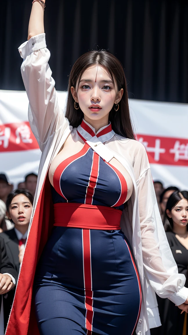 Nguyễn Thị Minh Khai delivering a speech at a revolutionary gathering, her attire detailed with elegant blue and red patterns, in the latest Empress of Change skin with an enthusiastic crowd and banners waving (having beautiful breasts: 1.33), (having clothes: 1.77).