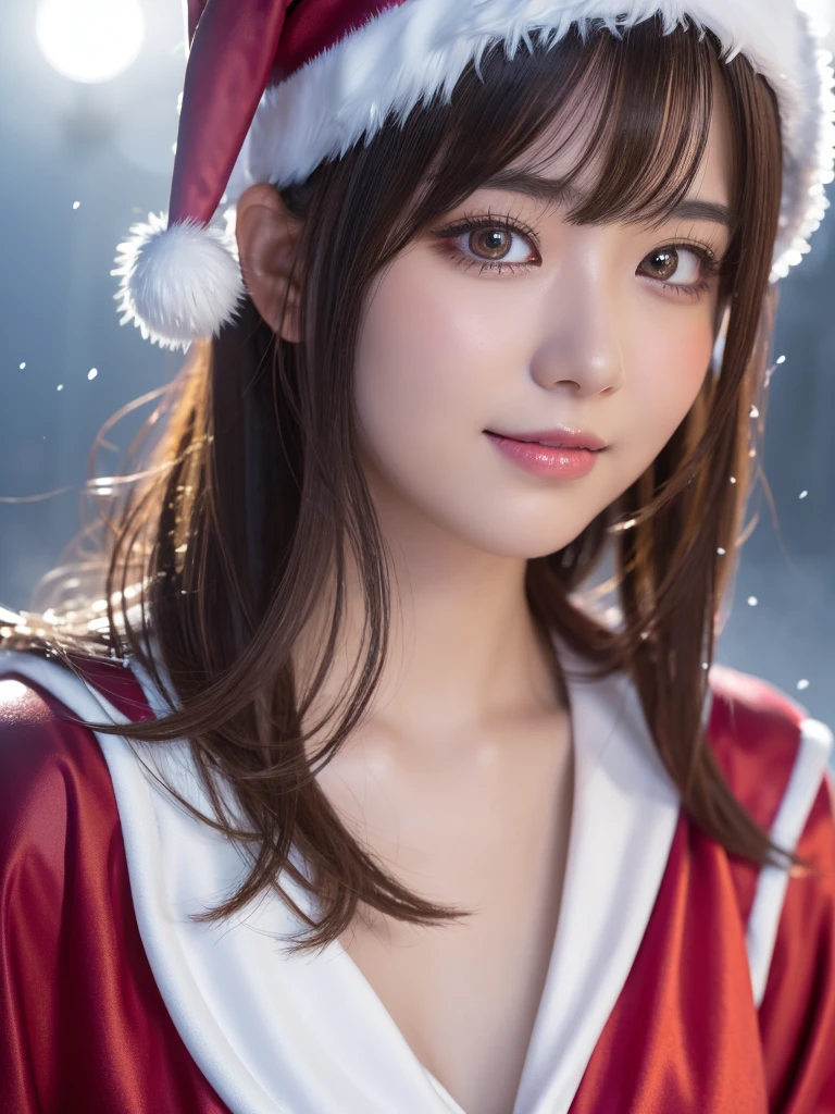 head shot,beautiful detailed eyes,droppy eyes,beautiful detailed lips, extremely detailed eyes and face, long eyelashes, 1japanese girl, fantasy character, (Santa Claus costume:1.25),smile,short hair,highly detailed, dramatic lighting, glowing effects, mist, intricate details, volumetric lighting, cinematic composition, hyper realistic, 8k, best quality, masterpiece, photorealistic,Highres fix,雪が降る夜