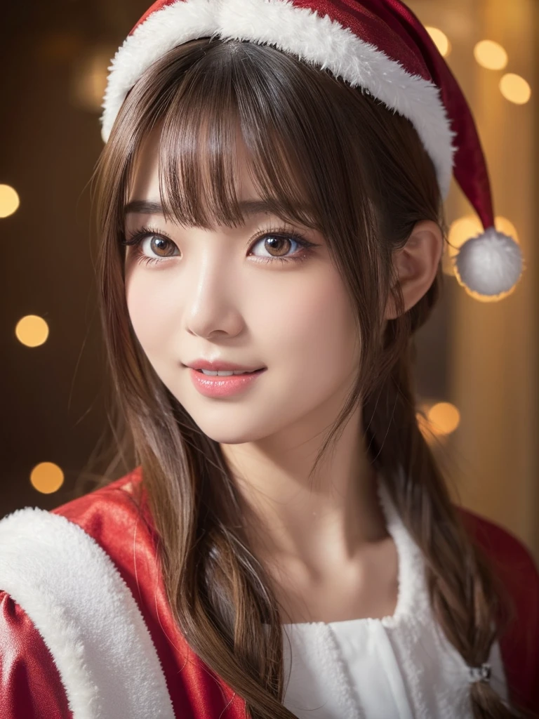 head shot,beautiful detailed eyes,droppy eyes,beautiful detailed lips, extremely detailed eyes and face, long eyelashes, 1japanese girl, fantasy character, (Santa Claus costume:1.25),smile,short hair,highly detailed, dramatic lighting, glowing effects, mist, intricate details, volumetric lighting, cinematic composition, hyper realistic, 8k, best quality, masterpiece, photorealistic,Highres fix,雪が降る夜