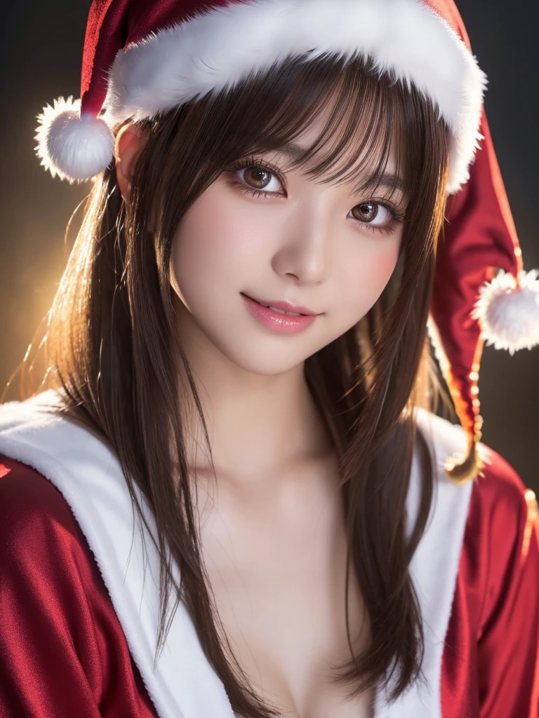 head shot,beautiful detailed eyes,droppy eyes,beautiful detailed lips, extremely detailed eyes and face, long eyelashes, 1japanese girl, fantasy character, (Santa Claus costume:1.25),smile,short hair,highly detailed, dramatic lighting, glowing effects, mist, intricate details, volumetric lighting, cinematic composition, hyper realistic, 8k, best quality, masterpiece, photorealistic,Highres fix,雪が降る夜