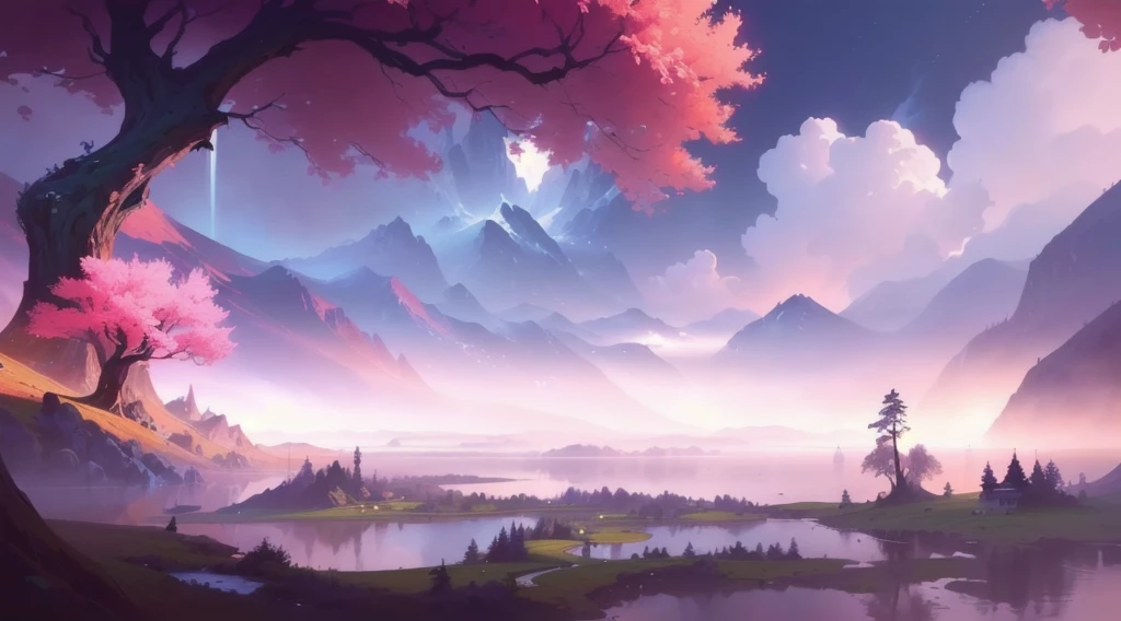 There is a landscape painting，The painting depicts a lake and trees, background technologywork, background technology, painted as a game Concept Art, stylized Concept Art, scenery game Concept Art, a very cohesive style of artwork, digital painting Concept Art, amazing! Concept Art, Fantastic numbers, 4k hd illustration wallpaper, Concept Art amazing atmosphere