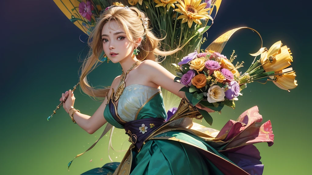 32K, 最高quality, 最高masterpiece, (ultra-Detailed Background, Detailed Background), High resolution, Super detailed, Very detailedな, One girl, (bouquet:1.3), (Tangled:1.2), (Geometric:1.2),(colorful),(masterpiece, quality, best quality, Official Art, Beautiful and beautiful:1.2), (1 girl:1.3), Very detailed,(colorful:1.1)(Flowers:1.3),Most detailed,(Tangled:1.2), whole body, (Abstract background:1.3), (Skin glows), (Many colors:1.4), ,(Earrings Jewelry:1.5), Light green background,