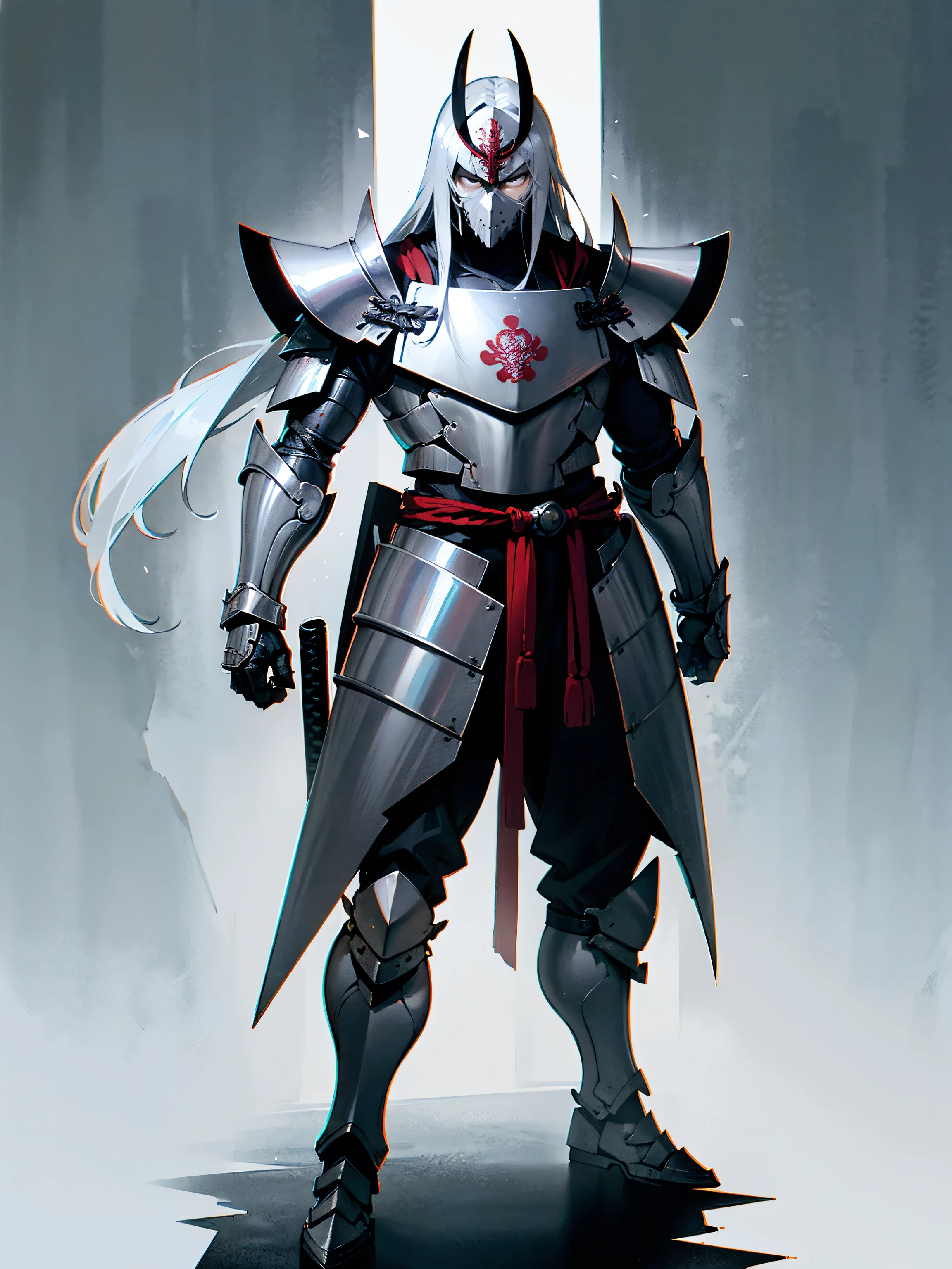 1male, adult, silver hair, long hair, sliver samurai helmet, silver samurai armor, grey eyes, serious expression, lean builds, standing on path, facing viewer