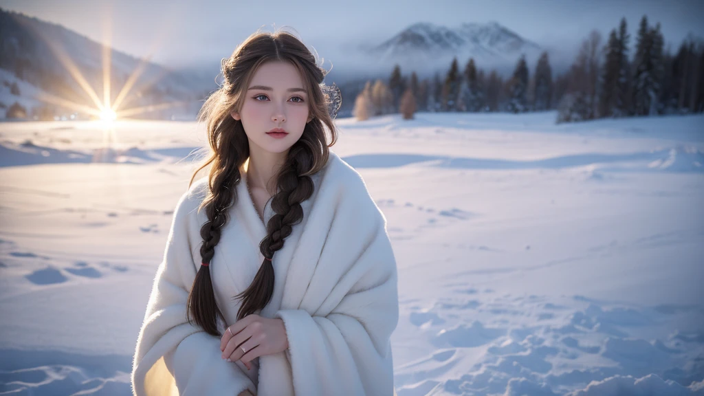 Young Latvian woman standing, wearing sexy Latvian national women's costume, Ukrainian ornaments, daytime, mountain village, calm and cold, detailed body, detailed face, greasy body, gorgeous, ultra-realistic, charming, cute, long braided hair, ambient light, fog, winter, bokeh effect, detailed background, volumetric light, drop shadow, 8k