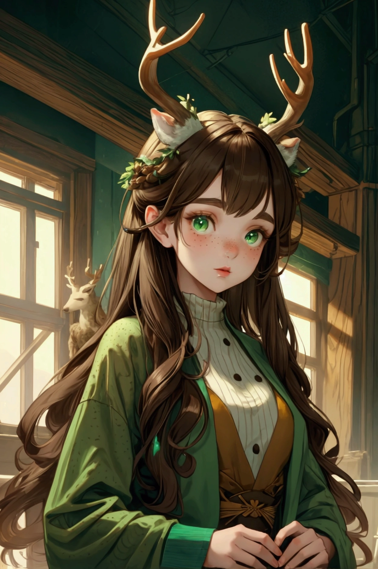 A deer girl, she has antlers, as well as deer ears, she has very fair hair skin but with white freckles. She has long muted brown hair with a mute blue-ish green. She is very beautiful and has modern looking clothing. 