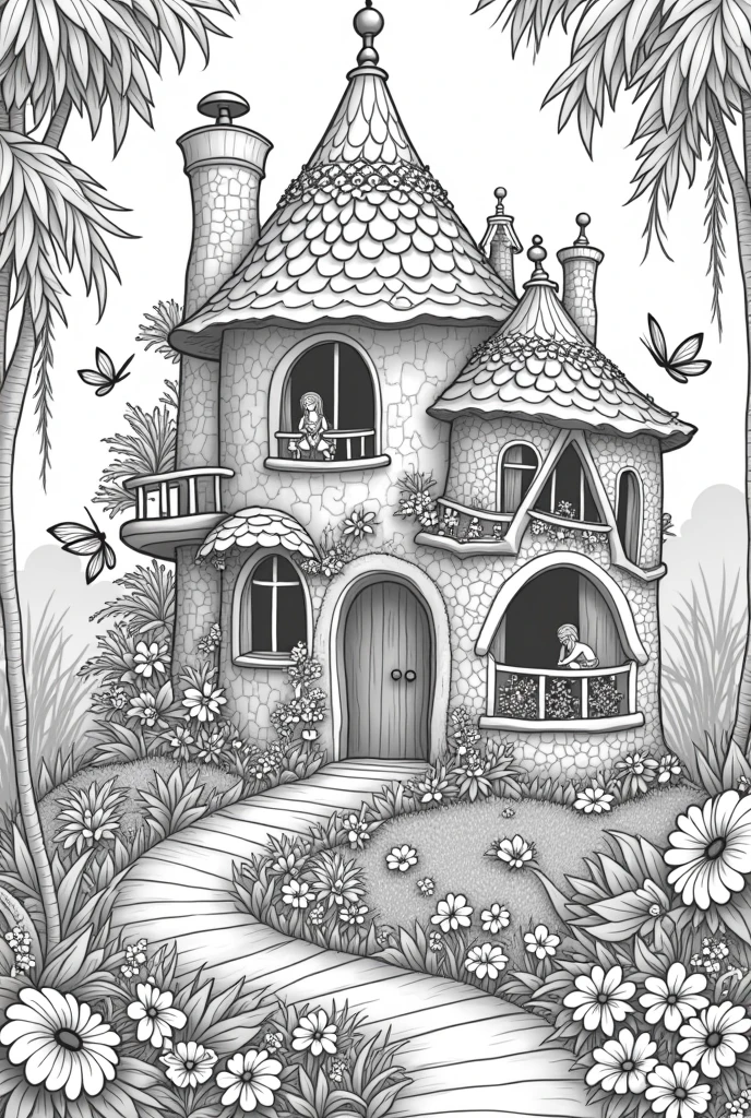 Fairy house land coloring book pages nature background no color black and white high details