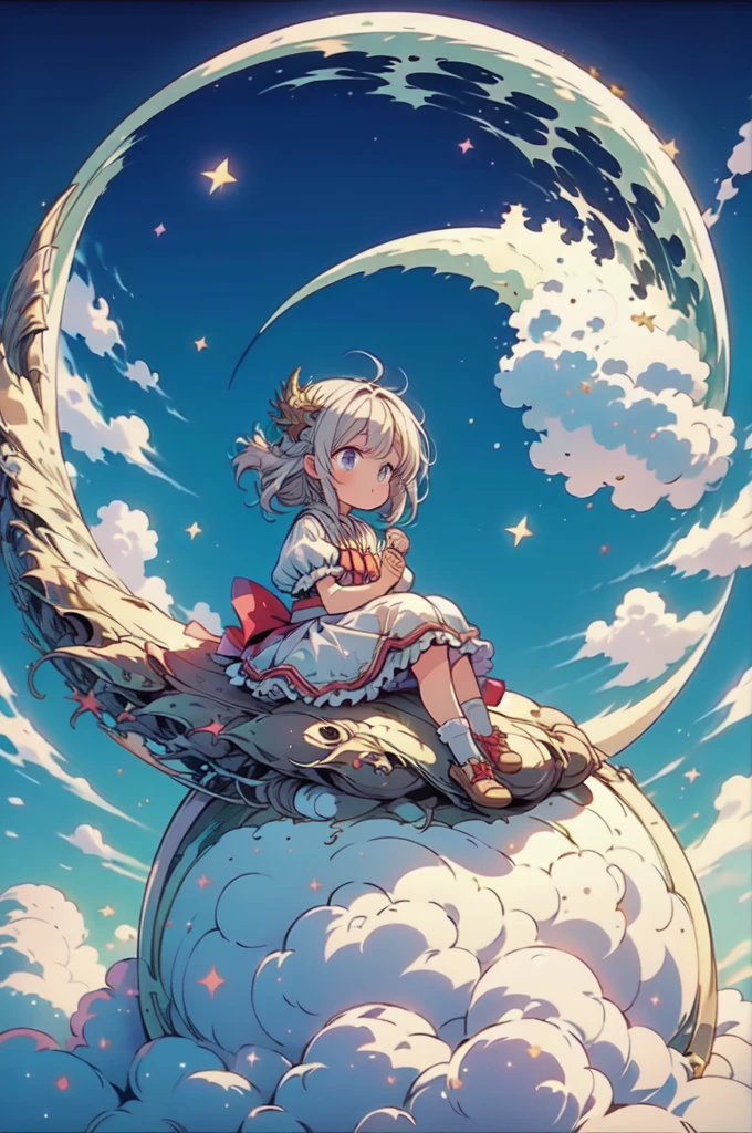 (a ***********), charming, short white dress, dragon, cute, (sitting moon), moon, stars, clouds, masterpiece, best quality,  (masterpiece,best quality:1.5)