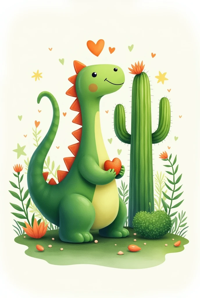 Crea un símbolo usando 🦕🌵❤️.  The dinosaur is green.. The most watercolor style design 