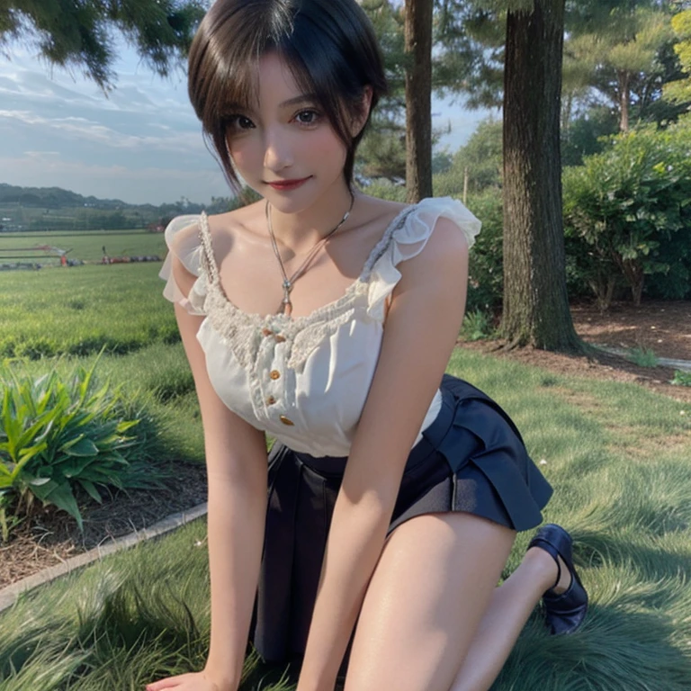 the real image、8k,masterpiece , of the highest quality , detailed , detailedな写真、detailedな瞳、Realistic skin、Short brown bob、big breasts、big thighs、blouse, Skirt , (Kneel down:1.4) , smile , hair band