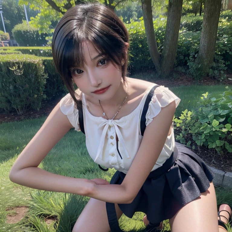 the real image、8k,masterpiece , of the highest quality , detailed , detailedな写真、detailedな瞳、Realistic skin、Short brown bob、big breasts、big thighs、blouse, Skirt , (Kneel down:1.4) , smile , hair band