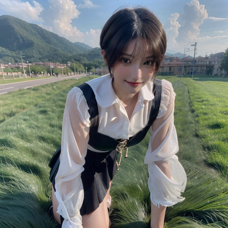 the real image、8k,masterpiece , of the highest quality , detailed , detailedな写真、detailedな瞳、Realistic skin、Short brown bob、big breasts、big thighs、blouse, Skirt , (Kneel down:1.4) , smile , hair band