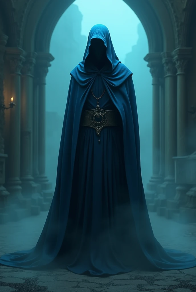 A magician like a blue robe that covers his face