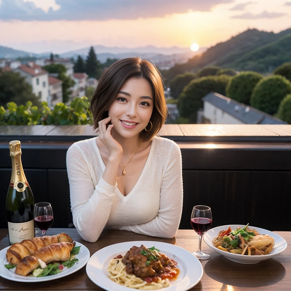 (Realistic:1.1),(masterpiece,Highest quality),8k,(49 years old), 53 years old, ベリーslimボディ、slimカップル、Tight waist,Upper Body,full-course dinner、wine 、Amazing view of the sunset sky and clouds、Perfect Anatomy, Brown Hair, short hair,Random Hairstyles,((Highly detailed face and eyes:1.2)),Perfect golden ratio face,Long sleeve shirt、dress,(smile:1.2)、Shortcuts、cute、(Realistic, Intricate details:1.2), A bright smile、short hair,Bright Face、赤wine 、Appetizers、Italian food、wine bottle、Champagne、スパークリングwine、(slimな顔), (The body is slim), (Brown Hair), (Shortcuts), Upper Body, 白wine, slim, wineグラス,