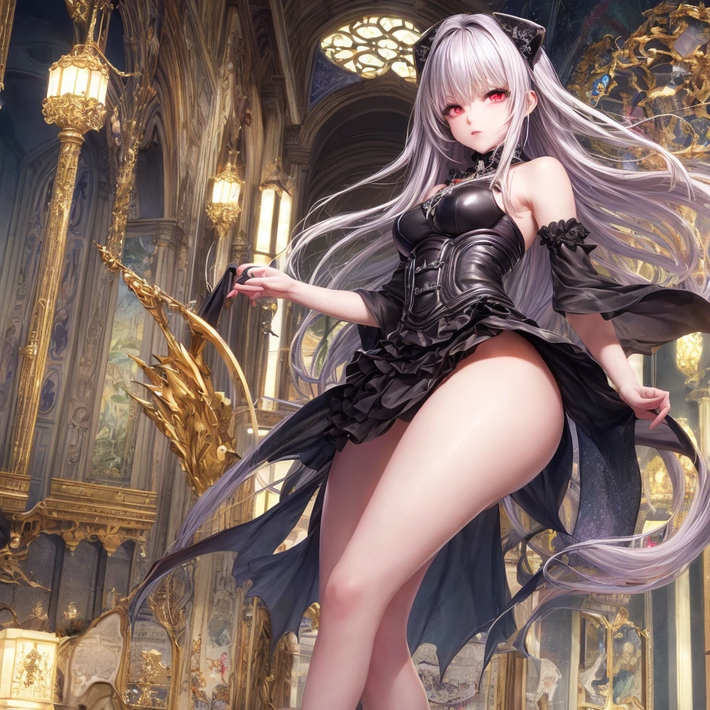 quality,8k,Highly detailed CG unit, masterpiece,High resolution,top-quality, real texture skin,surreal,Increase the resolution,RAW Photos,highest quality,Very detailed,From below,Cool Beauty,Glamour Women, Cool pose,Gothic Lolita,A skirt full of frills,Red accent embroidery,long hair shining white, Mysteriously glowing crimson eyes, Queen, world, Crystal Flower,Sparkling stained glass like a kaleidoscope,Majestic cathedral,Layered skirt with details, Detailed embroidery, Very layered ruffles, Detailed Texture,A geometric magic circle above your head,Ornamented silver walking stick,The hidden forbidden sanctuary,