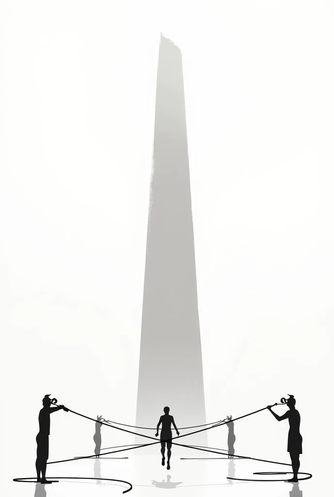 A person playing double dutch with a monolith in the background。
What is Double Dutch?、2is doing a large rope jump with the rope。
The man jumping in the rope1People、2The men holding the ends of the two ropes are turning the rope.2There are people。
The man jumping is not holding the rope。
Please make sure the rope is not left over and is not tangled.。
Please draw silhouettes of people without drawing faces.。
The background should be white。