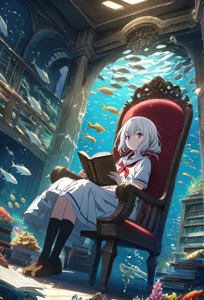Produce an illustration of a beautiful girl sitting on an antique chair and reading a book in a library under the sea. The main character is a high school girl with medium white hair. She is wearing a sailor uniform with a red ribbon tied around her neck. she is wearing loafers. fantay view . The library is underwater . full of fish . Please make it look like the key visual of the anime.