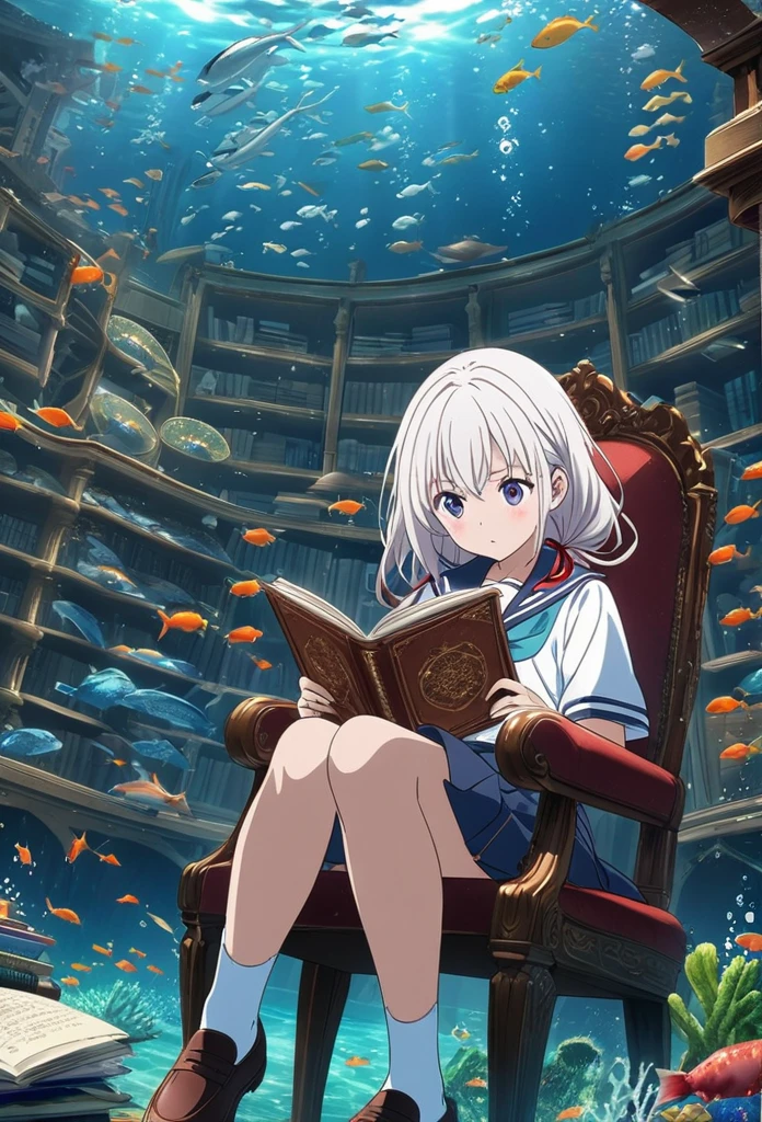 Produce an illustration of a beautiful girl sitting on an antique chair and reading a book in a library under the sea. The main character is a high school girl with medium white hair. She is wearing a sailor uniform with a red ribbon tied around her neck. she is wearing loafers. fantay view . The library is underwater . full of fish . Please make it look like the key visual of the anime.