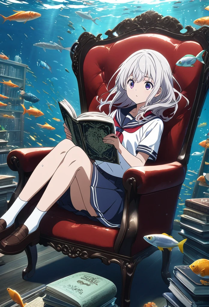Produce an illustration of a beautiful girl sitting on an antique chair and reading a book in a library under the sea. The main character is a high school girl with medium white hair. She is wearing a sailor uniform with a red ribbon tied around her neck. she is wearing loafers. fantay view . The library is underwater . full of fish . Please make it look like the key visual of the anime.