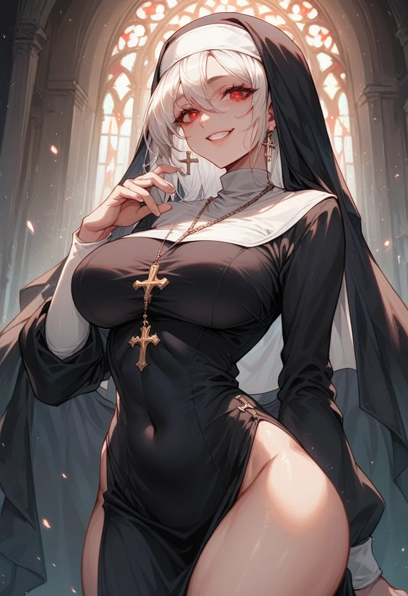 A girl dressed as a nun with white hair, red eyes with big breasts and big ass, With a malicious smile 