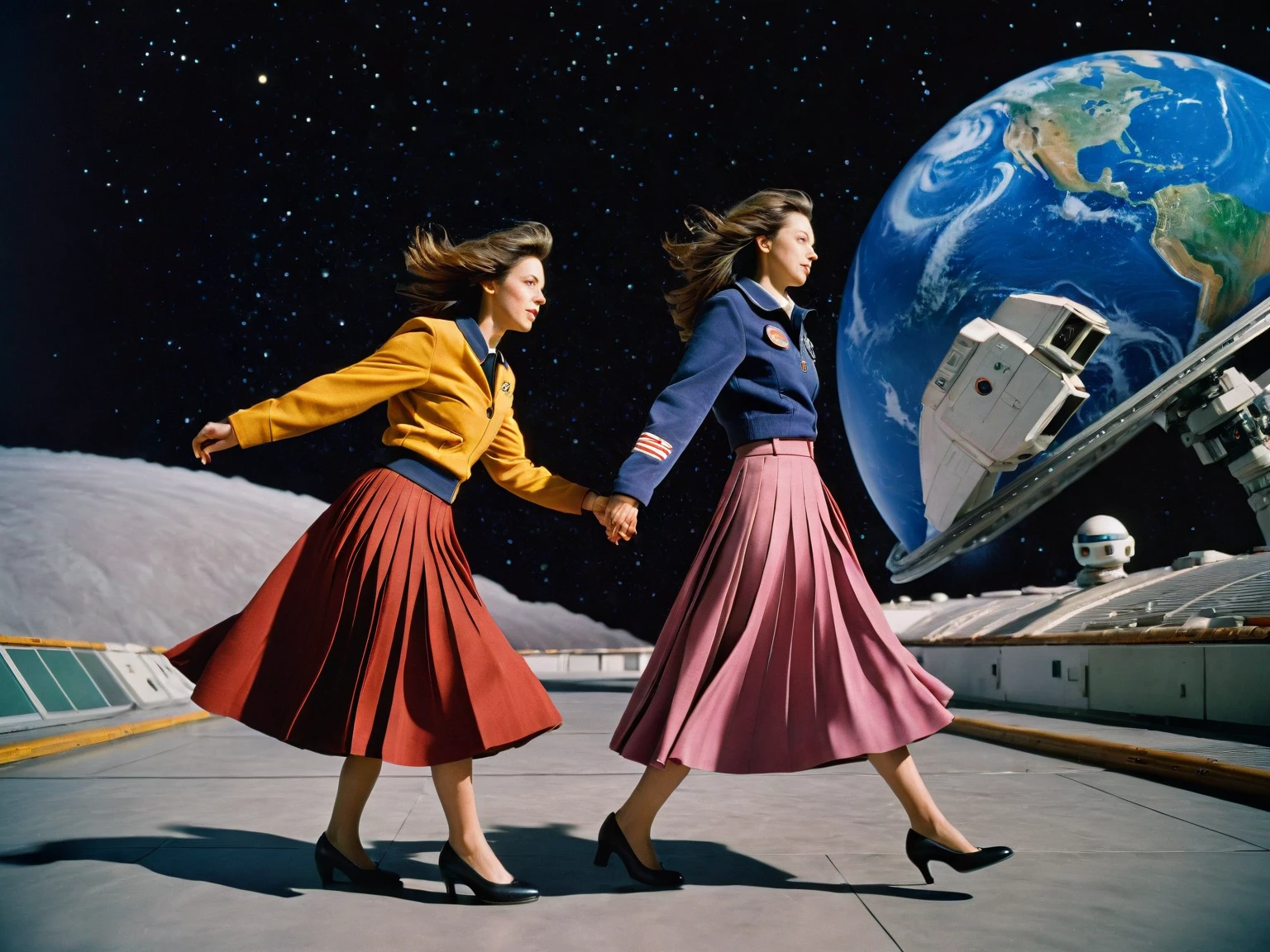 85mm photograph of Sapphic Space Lesbians, commanding spaceships, exploring space, investigating anomalies, scientific R&D, sitting in on council meetings, wearing (long pleated full circle skirts), uniform jackets and (girly low heel office shoes), (pronounced (girly) features), (very windy), skirts are flowing wildly in the wind, lesbian space stations, sci-fi, skirts in space, women wearing skirts, love skirts, empathy, compassion, romance and love, (pronounced (feminine) features), (highly detailed ultra accurate realistic) hands and fingers, (windy), epic composition, highly detailed attributes, (35mm f1.4 Kodak portra 400 photograph), extremely high quality RAW photograph, highly detailed atmosphere, sci-fi, cinematic shot, dynamic lighting, 75mm, Technicolor, Panavision, cinemascope, sharp focus, fine details, 8k, HDR, realism, realistic, key visual, film still, superb cinematic color grading, depth of field
