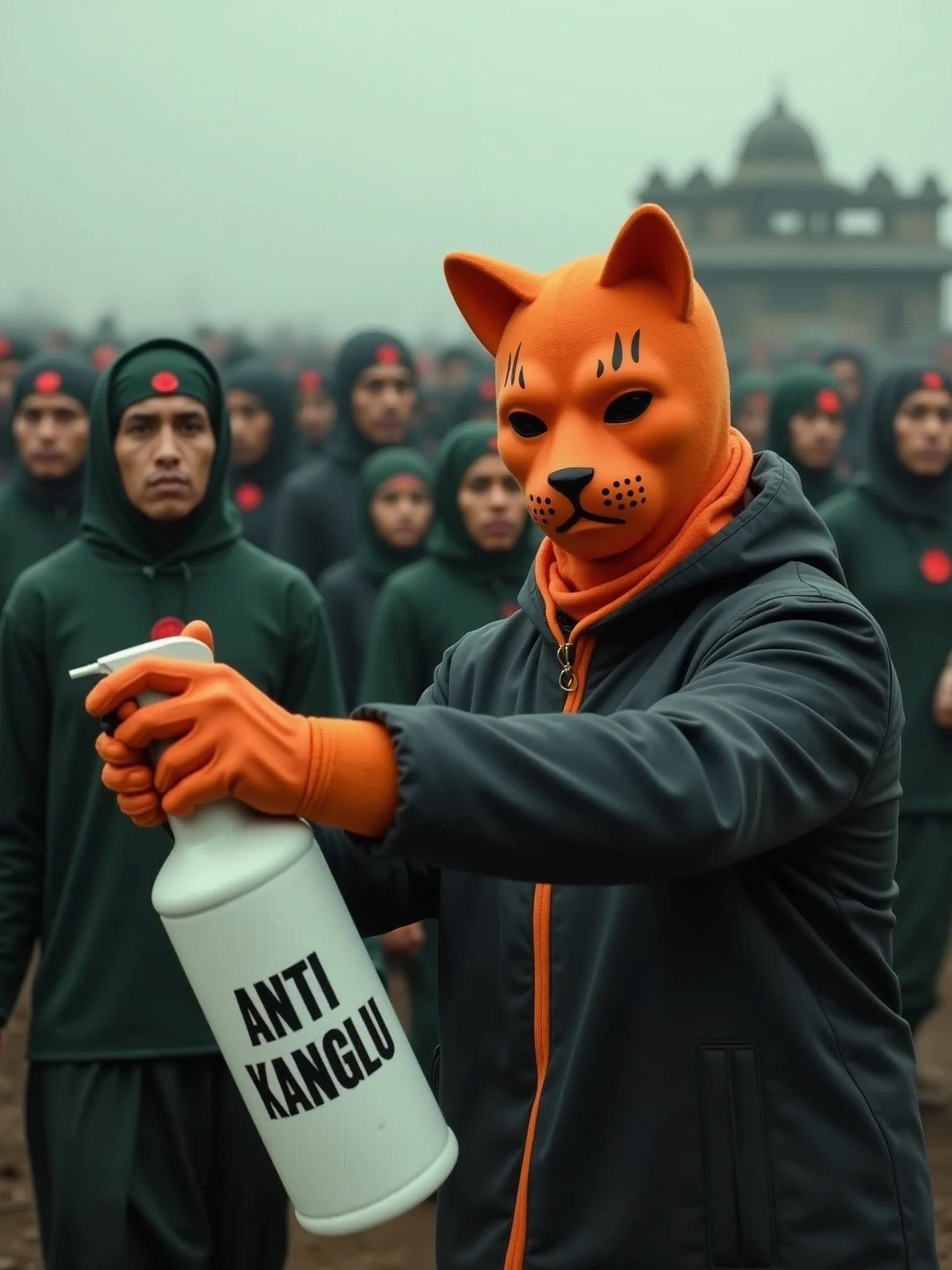 a person with orange cat mask stopped migration in military border by using spray "ANTI KANGLU" written in the spary bottle. The immigrants are wearing black wearing green lungi which has a red dot in the middle