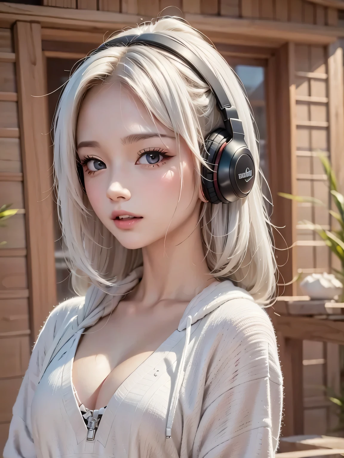 ((face, style)).(Upper body portrait:1.5)((masterpiece:1.5))((alone、Huge headphones:1.5、Woman in hoodie、Shorts、Detailed face、Big Eyes、Bright expression、small breasts, cleavage、Best Looks、Ultimate beauty、Shiny silver hair with highlights、明るい and shiny hair,、Modern Hairstyles、Hair dancing in the wind))(morning、indoors)Please look away from here、Beautiful profile