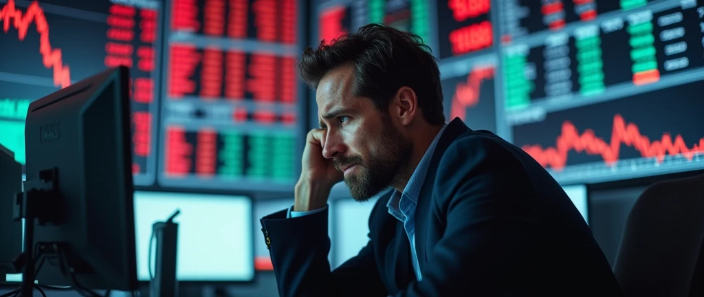 stressed stock exchange trader, overwhelmed and distraught, struggling to comprehend a sudden stock market collapse, surrounded by screens displaying plummeting red graphs and negative ticker information, financial crisis concept vividly portrayed with a stock broker in despair, intense focus on the emotion of shock and frustration, dark and tense atmosphere with harsh lighting emphasizing the urgency and severity of the situation, real-time data flashing in the background, capturing the chaos and anxiety of a market crash
