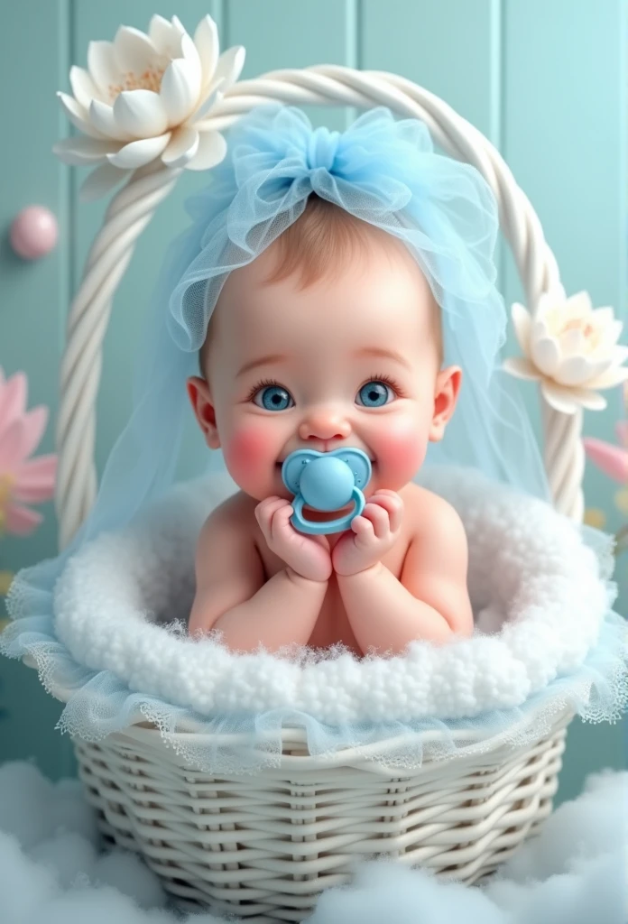 on a light background, Funny Newborn Baby , rosy-cheeked, Very fat, The eyes are blue, smiles and looks at the viewer, holds a pacifier, in a white basket, snow-white on the sides , transparent blue lace, frill, next to a blue flower of a white lotus, covered with a transparent veil, a transparent pink on the side of the head , 8 K (masterpiece), ((top quality)), (super detailed), arms and legs folded funny, makes you smile , holds a blue pacifier,