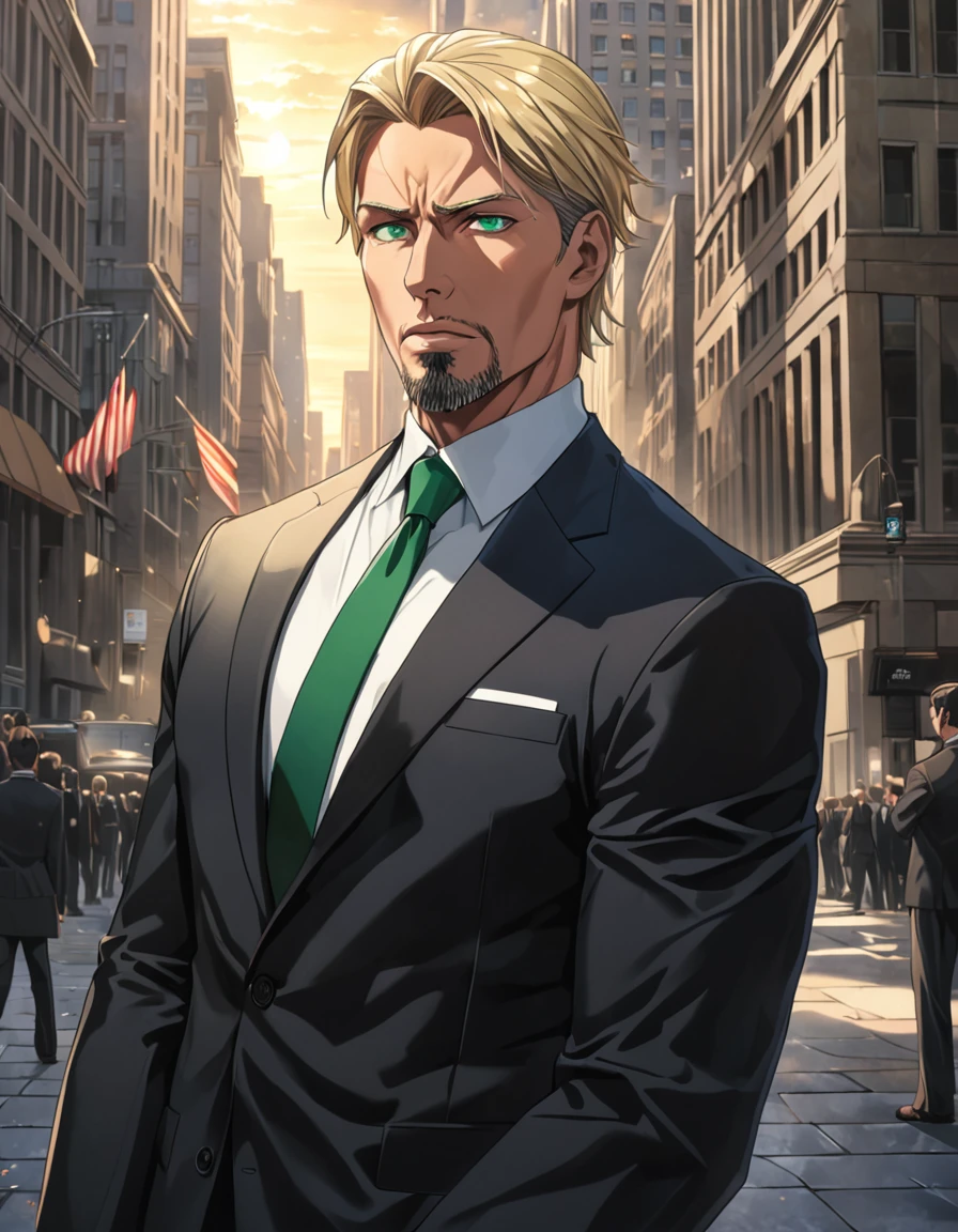 1man, man in black, vigorous mature, business hair with asymmetrical bangs, goatee, green platina blond hair, emerald eyes, BREAK 40yo, charming caucasian, slightly long chiseled face, deep set, angular jaw, facial wrinkles, crewcut, BREAK ideal ratio body proportions, middle weight muscular, beautiful detailed eyes, dark hero, best eyes, BREAK solo, funeral black suit, black necktie, white shirt, at wall street, detailed background, gloom, cool expression, natural standing, looking away, BREAK upperlegs, dramatic expression, in persona style, masculine comic art, 2010s, retro visual novel, in newest eroge style, in korean illustration style, dutch angle, cinematic shadows, cinematic lighting, lens flare, light leaks, texture, absurdres absolutely resolution, extreme all detailed, greatest painting, BREAK masterpiece, best quality