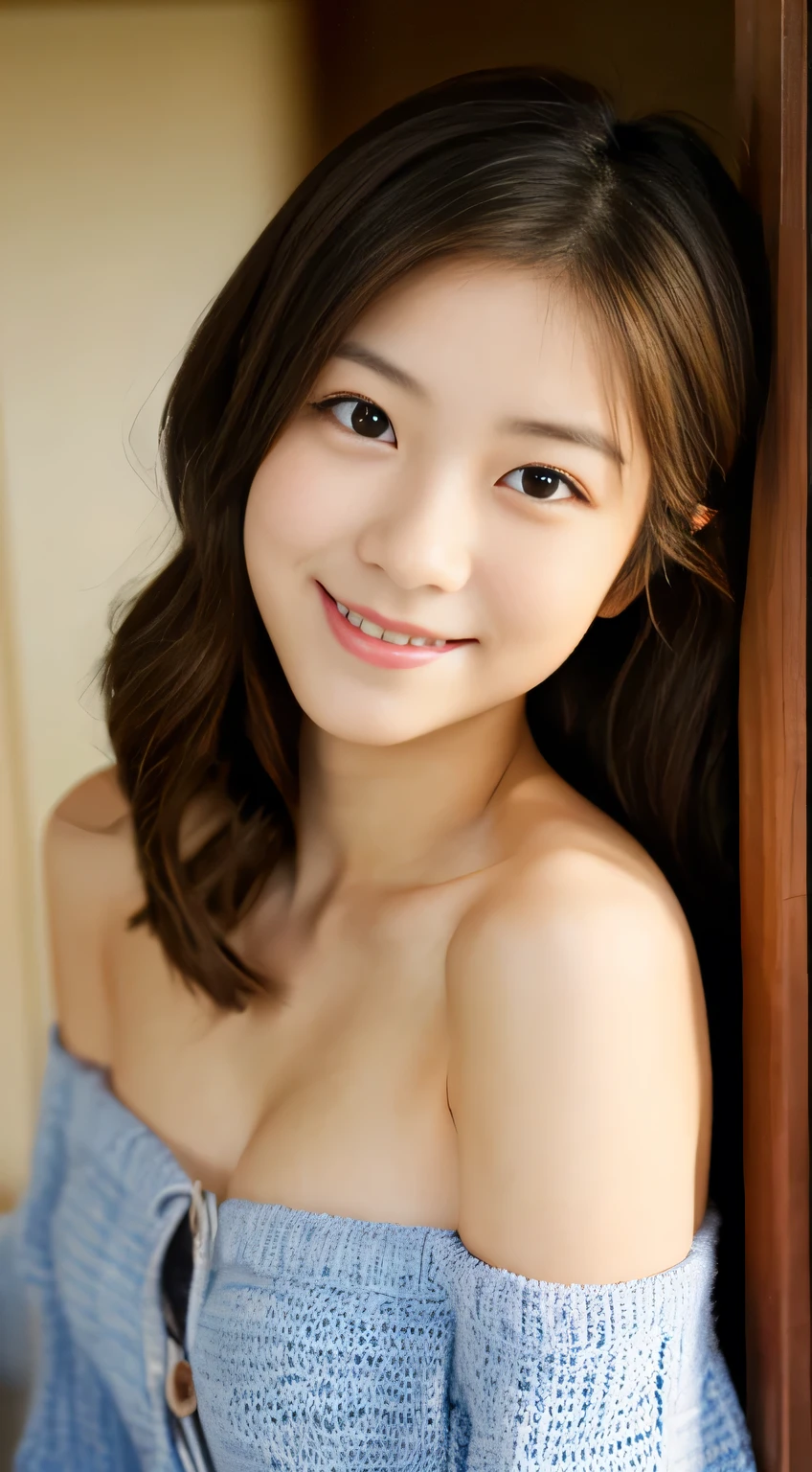 masterpiece,best quality,(Japanese girl),((Beautiful girl)),cleavage,(off shoulder:1.2),(perfect body beauty:1.2),(shy smile),From slightly above