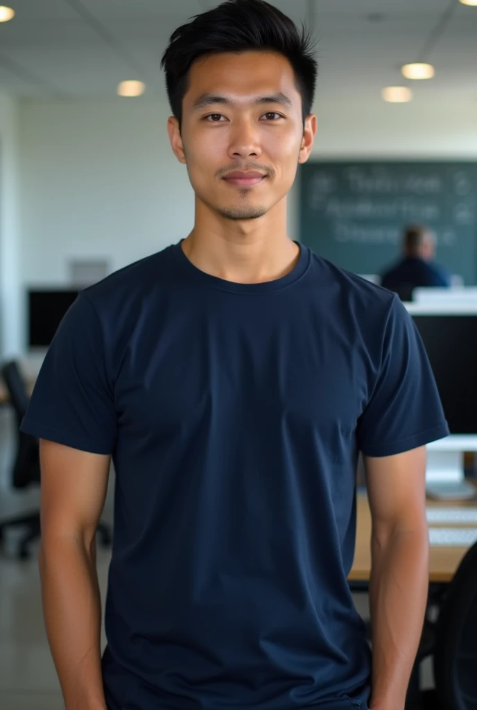 Young Asian man standing, Handsome, muscular, looking at the camera. In a simple navy t-shirt., In the computer lab