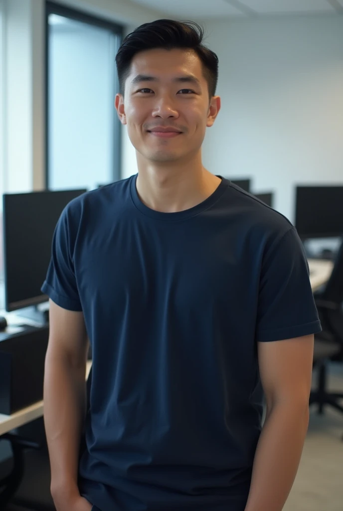 Young Asian man standing, Handsome, muscular, looking at the camera. In a simple navy t-shirt., In the computer lab