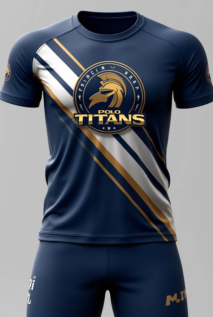 Jersey:Deep blue with white accents.A sleek, modern design featuring diagonal white and gold stripes across the chest. The team's name, "Polo Titans," is emblazoned across the upper chest in bold, gold letters 
Shorts:Deep blue Gold and white stripes at the top.
Logo:Shape: Circular emblem 
Central Element: A powerful, stylized titan's helmet, symbolizing strength and courage. The helmet is deep blue with gold highlights.
Background: The background is a gradient of blue and gold, creating a dynamic and energetic feel.
Text: The team name "Polo Titans" arcs around the top edge of the circle in bold, white letters. Below the helmet, the founding year or a motto could be included in smaller white text.
Additional Elements: Subtle lightning bolts or stars around the edge to convey energy and intensity.