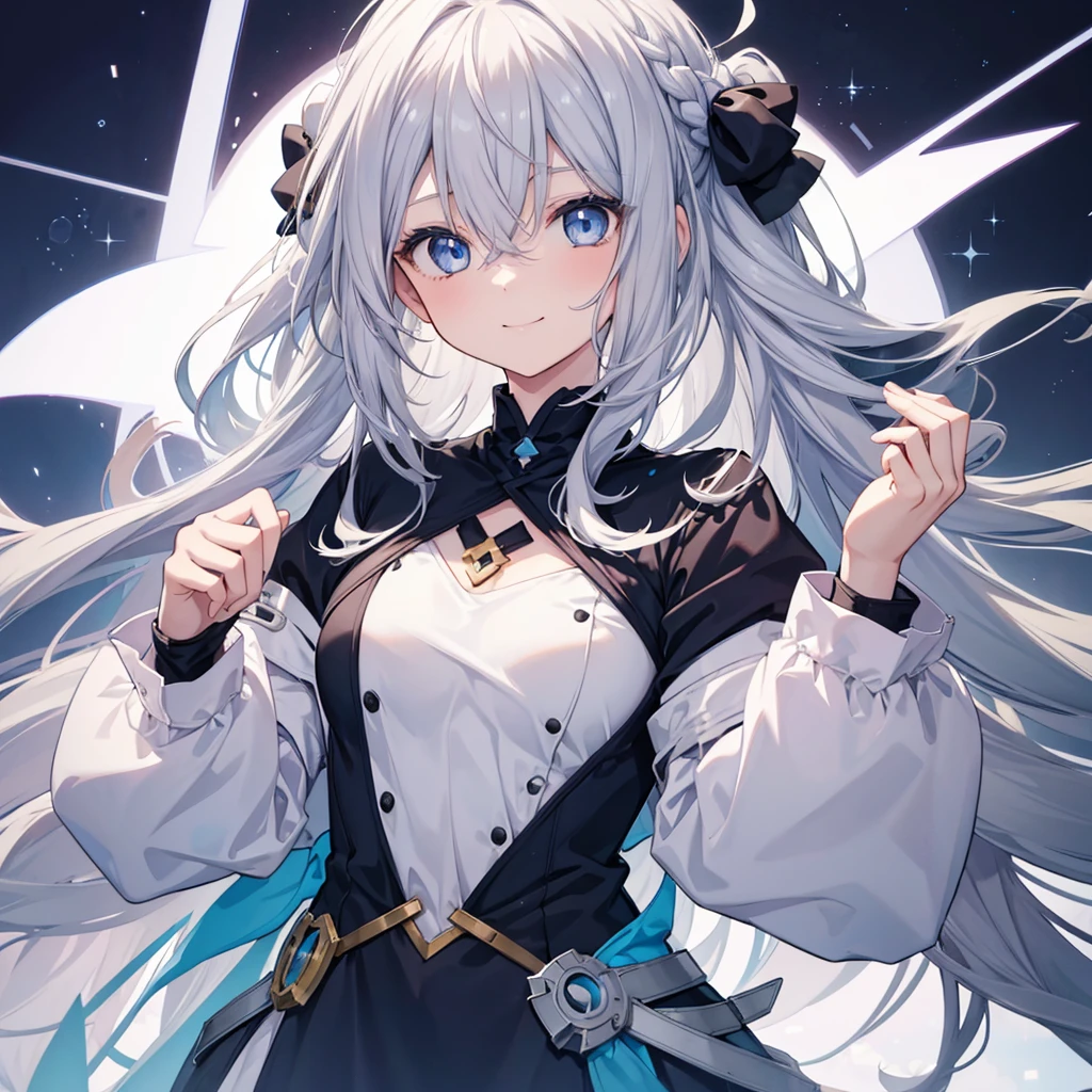 One girl, Long Hair, Bangs between the eyes, Gray Hair, Character portrait, blue eyes, Anime Style, Ahoge, Character design drawings, Small breasts,smile